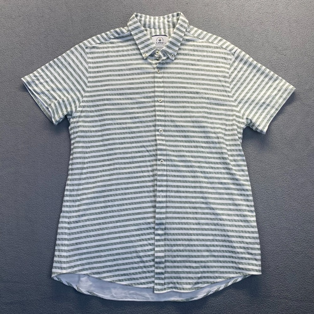 LUGU Men's Striped Green/White Cotton Short Sleeve Shirt‎ Size XL,Buttons Front